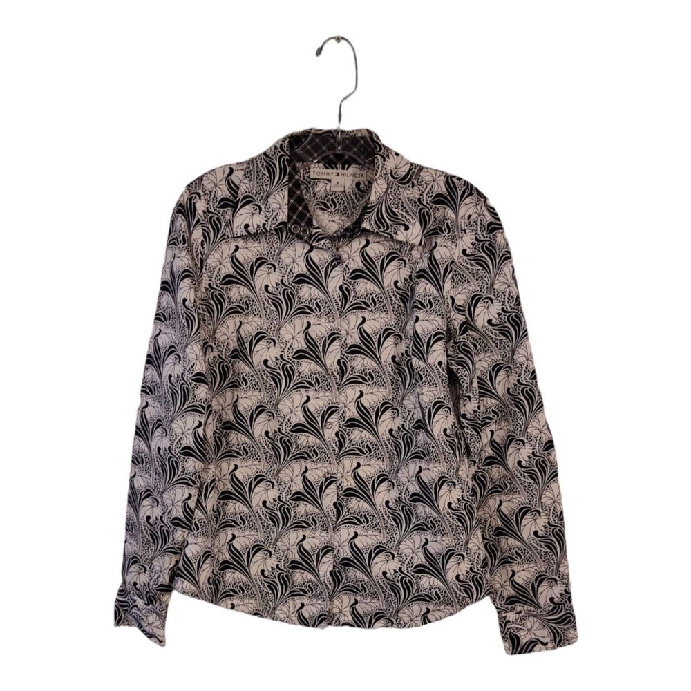 Tommy Hilfiger women's Button Up Shirt White & Black Long Sleeve retro Size 8